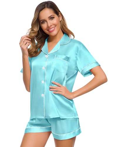Image of SWOMOG Womens Silk Satin Pajamas Set Short Sleeve Sleepwear Button Down Top and Shorts Loungewear 2 Piece Pjs Set XS-3XL
