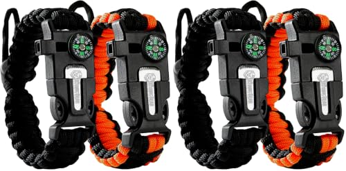 Image of Atomic Bear Paracord Bracelet (2 Pack) - Adjustable - Fire Starter - Loud Whistle - Perfect for Hiking, Camping, Fishing and Hunting - Black & Black+Orange