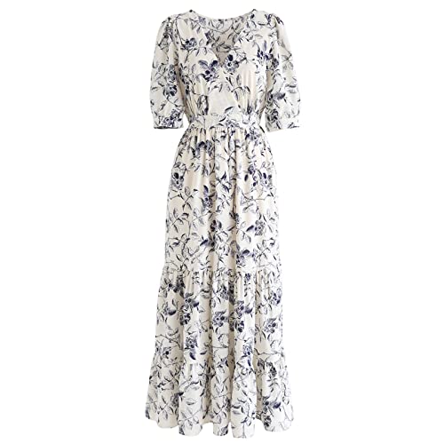 Image of CHICWISH Women's Navy Floral Frilling Wrapped Maxi Dress