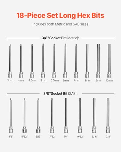 Image of VEVOR Extra Long Allen Hex Bit Socket Set, 18-Piece 3 /8 inch Drive, S2 Alloy Steel and Cr-V Steel, Standard SAE and Metric 1 /8-Inch-3 /8-Inch, 3-12mm, with Enhanced Storage Case, for Mechanics