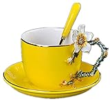 Marque : Adiasen Tasse à café en émail avec cuillère, motif floral, tasse à thé Procelain - Cadeau créatif pour la maison, le bureau (F)
