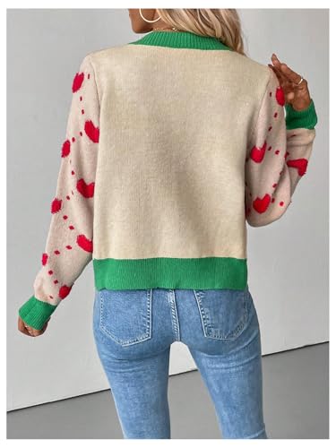 WDIRARA Women's Heart Print Button Down Sweater Long Sleeve Cardigan Color Block Knitted Outerwear2