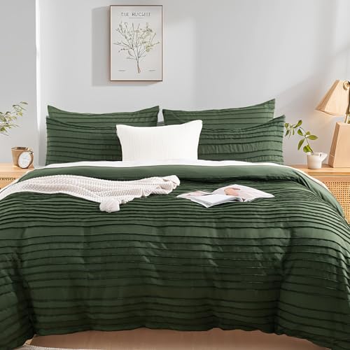 Image of NEXHOME PRO Duvet Cover Queen,3 Pieces Boho Tufted Duvet Cover Set, Soft and Lightweight 100% Washed Microfiber Comforter Cover Set for All Season(Forest Green,90 x 90)-No Comforter