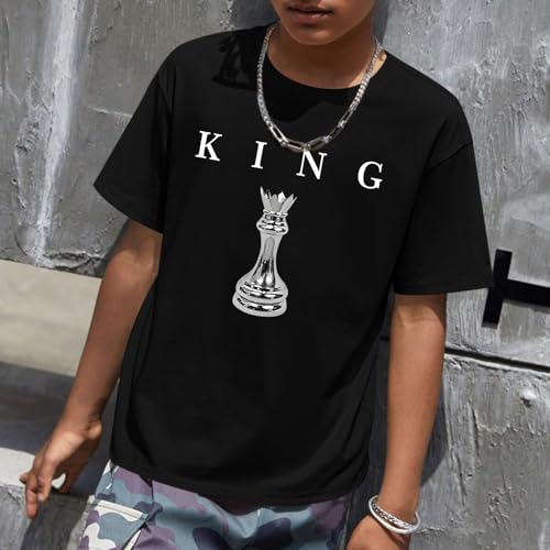 Image of Boys Graphic Tee King Chess Printed T-Shirt Kids Cool Designer Shirts Short Sleeve Shirt Clothes for Teen Boy Trendy