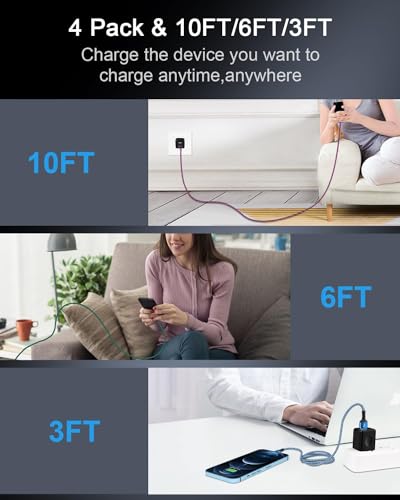 Image of USB A to Lightning Cord, 4Pack /10Ft Nylon Braided iPhone Charger Cable, Apple Approved Fast Charging Power Wire for iPhone 14, 14 Pro Max, 13 Pro Max, 13Pro, 13, 13 Mini, 12 11 10 XR XS X 8 Plus 7 6