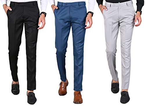 Image of Slim Fit Formal Trousers Black, Morpitch, Grey Combo with Morpich for Men - Polyester Viscose Formal Pants for Gents - Office Formal Pants Combo Pack of 3