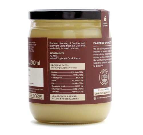 Image of Two Brothers Organic Farms Pure A2 Cultured Ghee 500 ml | Free-grazed Desi Gir Cows | Bilona Method | Farm-Made with Probiotics for Gut Health | India's only Certified Glyphosate-Free ghee (Pack of 2)