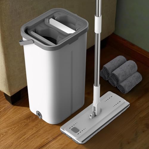 Masthome Bodenwischer Set mit Eimer,Flacher Wischmopp und Putzeimer Set,Mikrofaser Flacher Mopp für Nass- Trockennutzung mit 5 Mopp-Pads, Bodenwischer mit Auswringfunktion für Alle Bodentypen