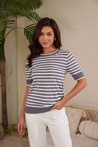 Image of Womens Tops Summer Short Sleeve Shirts Striped Sweater Cute Casual Top Trendy Women Clothing Crewneck Knit Blouses