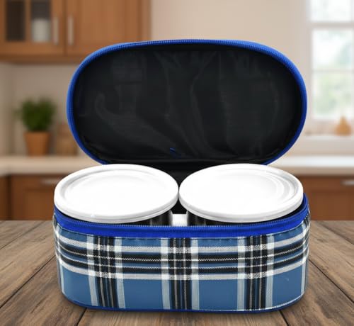 Image of Premium Insulated Lunch Box Set with 2 Steel Containers 280ml, Plastic Container 450ml, Cutlery, Blue Plaid Pattern Thermal Bag, Office Tiffin Box
