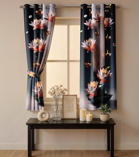 Image of Ultimate Trends Festival Themed Light Filtering Polyester Curtain Diya, Lantern, Lotus & Fireworks Print | Ideal for Diwali, Pooja Room, Living Room Dcor | Eyelets|, 5 FEET (Pack of 2)