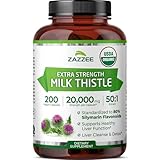 Zazzee USDA Organic Milk Thistle 50:1 Extract, 20,000 mg Strength, 200 Vegan Capsules, 80% Silymarin Flavonoids, 6+ Month Supply, Extra Strength, Liver Detox, Liver Cleanse, Non-GMO, Made in The USA