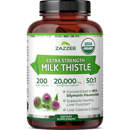 Zazzee USDA Organic Milk Thistle 50:1 Extract, 20,000 mg Strength, 200 Vegan Capsules, 80% Silymarin