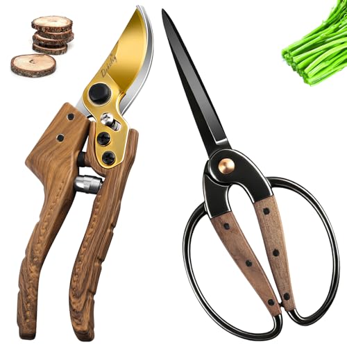 Dekeliy 2Pack Garden Pruning Shears Set: Ultra Sharp SK5 Blade Gardening Shears & Precision Garden Scissors,Wood Like&Wide Walnut Ergonomic Handle,Perfect for Plant,Bonsai,Shrub,floral,Branch Trimming
