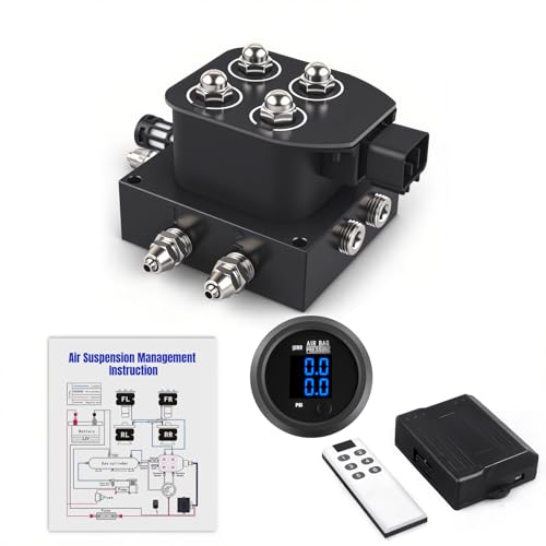 CNWZYMX 12V Air Management Featuring 4-Valve Air Ride Suspension Manifold with Remote Controller 0-200psi and Dual-Way Blue Display Air Pressure Gauges