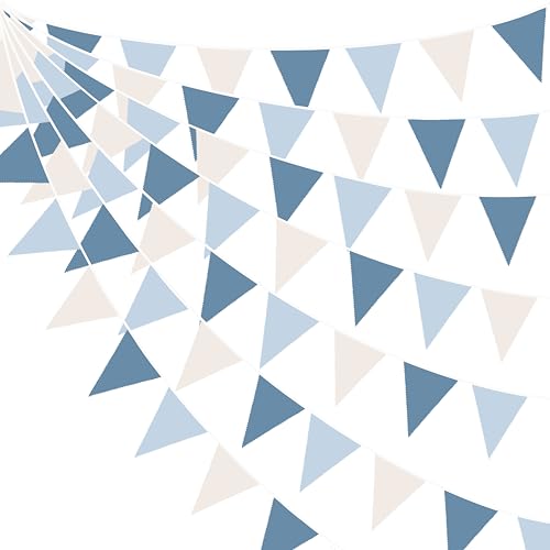 32Ft Dusty Blue Bunting Banner Party Decorations Retro Blue Fabric Triangle Flag Pennant Garland Streamer for Nautical Ahoy Achor Birthday Wedding Bridal Baby Shower Under The Sea Hanging Decor