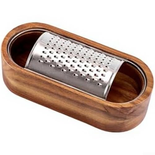 Rallador de queso, hoja de acero inoxidable, caja de almacenamiento de madera de acacia, compacto 24,7 x 6,8 x 4 cm, fácil de limpiar, para uso en cocina y entretenimiento (estándar)