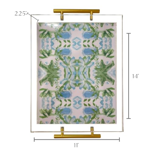 Acrylic Serving Tray with Gold Handles - 11"x14" Decorative Clear Tray, Green and Blue Watercolor Botanical - Vanity, Cofee Table, Bar Cart, or Bathroom Organizer - Image 3