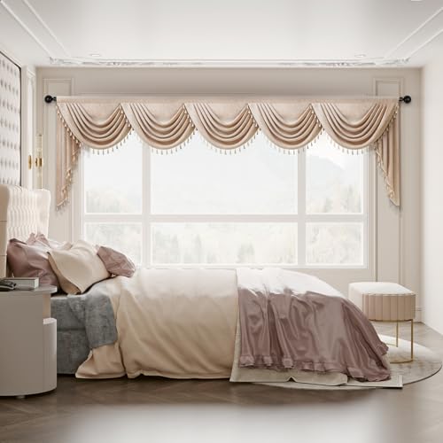 ELKCA Japanese Style Modern Curtain Valance for Living Room Faux Linen Curtain for Living Room Solid Coffee with Beige Tassel Valance(138inch,1 Panel)