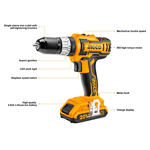 Image of INGCO CIDLI 2002 Lithium-ion Impact Drill Cordless 18+1+1 Torque Settings 22500 /min Impact Rate 2.0 Ah Battery 2 Speed Gear CR-V Bits Compact Kit for Home Improvement & Industrial Use