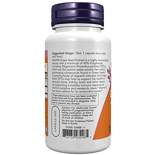 Now Supplements, Grape Seed 100 Mg - Standardized Extract, Highly Concentrated Extract With A Minimum Of 90% Polyphenols, With Vitamin C, 100 Veg Capsules #TOP2