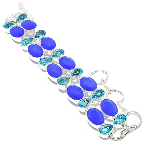 Bracelet calcédoine bleue topaze fait main - Bijou ajustable argent pour femme et fille