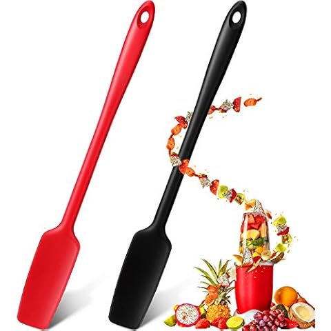 Long Handle Silicone Jar Spatula Kitchen Scraper Spatula Non-Stick Rubber Scraper Silicone Scraper for Jars, Smoothies, Blenders Cooking Baking Stirring Mixing (Red, Black,2 Pieces) Cover