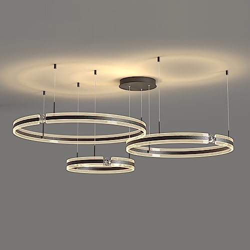 Lampe suspendue moderne 3 anneaux LED dimmable plafonnier lustres ronds noirs cristal salon