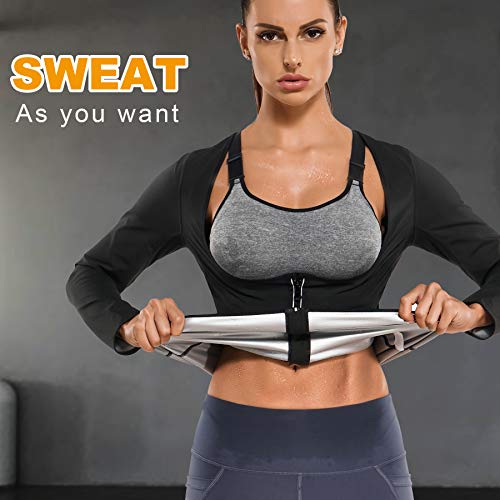 Kumayes Sauna Suit For Women Weight Loss Sweat Body Shaper Jacket Hot Waist Trainer Long Sleeve Zipper Shirt Workout Top (Black, Large) #TOP1