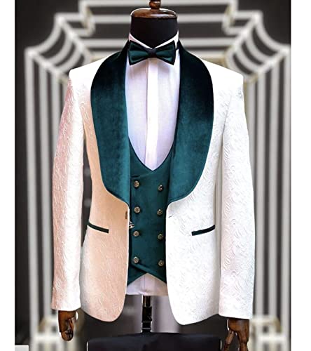Mens Paisley Floral White Blazer Velvet Shawl Lapel Vest Prom Groom 3 Pieces Slim Fit Tuxedo Wedding Suits2