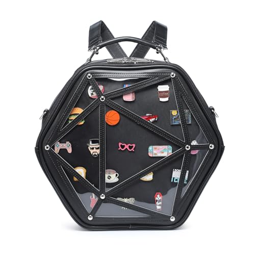 Image of Hexagonal PU Ita Backpack, Clear Pin Window Crossbody Purse for Anime Fans | Convertible Straps, Ample Room For Comic Meets & Daily Trips