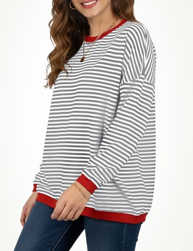 Image of Womens 2025 Long Sleeve Sweaters Casual Crewneck Striped Color Block Drop Shoulder Tops Lightweight Cute Fashion Knitted Pullover Outfits Ladies Fall Jumpers Clothes Y2K Trendy Grey and White
