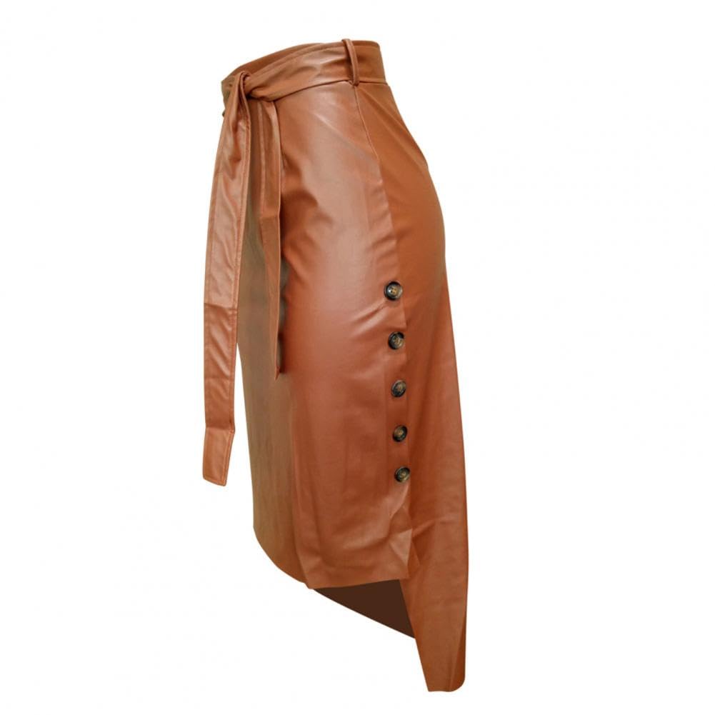 Falda de Cuero para Mujer, Falda Midi Dividida con Botones y Vendaje de Piel sintética for Mujer, Multicolor, Tallas S-XL