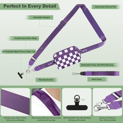 Image of YFWE Clip and Go Strap for Phone with Wallet Crossbody, Adjustable Phone Lanyard with Detachable RFID Wristlet Wallet, Phone Strap with Phone Tabs for All Phones, Purple Checkered (M)