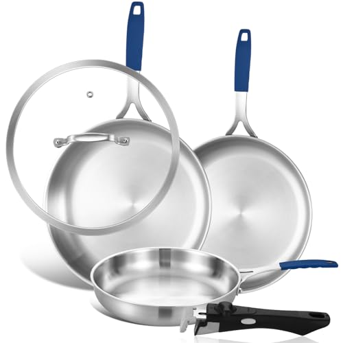Image of Inqibee 8.5-10-12 Inch Tri-Ply Stainless Steel Frying Pan set of 3 with a Lid,Skillets,Induction Cooking Pans,Pots and Pans Set,Oven and Dishwasher Safe,Detachable Handle.