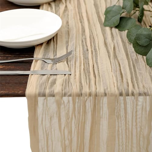 Camino de mesa de gasa, camino de mesa de tela de queso – Camino de mesa de gasa Boho 35,4 x 118,1 pulgadas, decoraciones de mesa, mantel de vacaciones y boda, camino de mesa largo