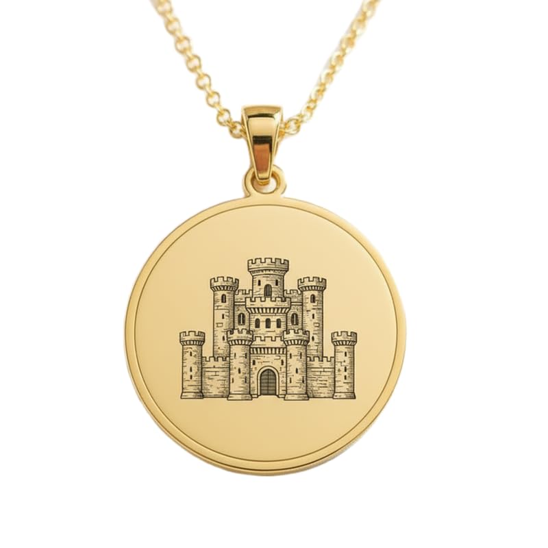Bijou fait main collier pendentif gravure château médiéval argent 925