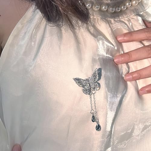 Image of Gold /Silver Butterfly Brooches for Women Rhinestone Tassel Butterfly Pin Brooch Dainty Crystal Lapel Pin Animal Insect CZ Brooch Lapel Pin for Coats Jackets Sweaters Accessories