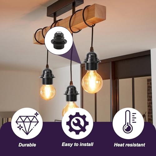 2 PCS E27 Lamp Holder, Edison Screw Lamp Holder, Black Bakelite Lamp Fitting with Shade Ring, 10mm Threaded Entry, Safety Lock, DIY Table Lamp Pendant Fitting for Vintage Retro LED & Halogen Bulbs - Image 4