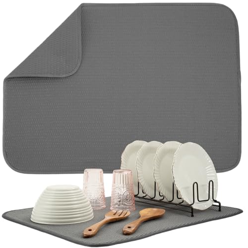 S&T INC. Dish Drying Mat XL, 18” x 24”, Absorbent Microfiber Kitchen Counter Mat, Drying Pad for Dishes, Utensils, Pots and Pans, Extra Large, Diamond Texture, Grey