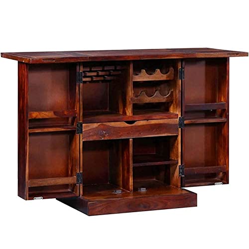 Image of Credenza Solid Sheesham Wood Wooden Bar Cabinet with Drawer Rack Wine Wisky Scotch All Type Hard and Soft Drinks Storage Cabinets for Home Living Room Honey Oak Finish Stylish Wooden Bar Cabinet