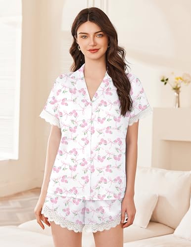 Image of Ekouaer Womens Lace Satin Pajama Set Button Down Pj Shorts Set Bridesmaids Getting Ready Outfits Casual Sleepwear XS-XXL