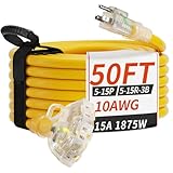 PlugSaf 50 FT 10 Gauge Outdoor Extension Cord with Multiple Outlets Light Indicator, Flexible 3 Outlet Weatherproof Heavy Duty Extension Cord Waterproof Yellow, 15A 1875W 10AWG SJTW, ETL Listed