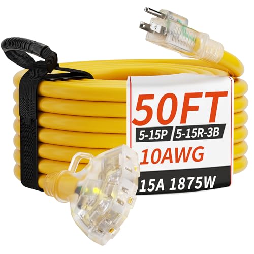 PlugSaf 50 FT 10 Gauge Outdoor Extension Cord with Multiple Outlets Light Indicator, Flexible 3 Outlet Weatherproof Heavy Duty Extension Cord Waterproof Yellow, 15A 1875W 10AWG SJTW, ETL Listed