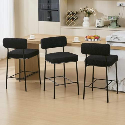 26″ Counter Height Bar Stools Set of 3, Upholstered Barstools with Backs, Black Boucle Fabric, Metal Bar Height Chairs, Mid Century Modern Counter Stools for Kitchen Island