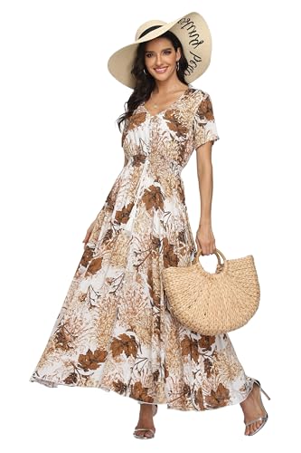 Image of VintageClothing Women's Floral Maxi Dresses Boho Button Up Split Summer Casual Long Dress Beach Party Dress