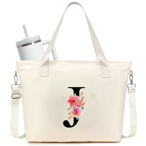 JANSBEN Bolsa feminina personalizada - Bolsa de trabalho grande com compartimento para laptop e porta-copos Stanley Bolsa de enfermeira, Bege, One Size, Letra J