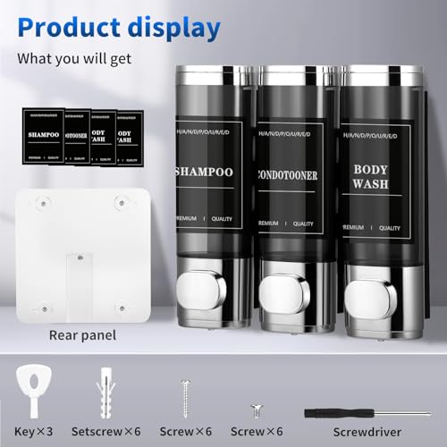 Dispenser per shampoo e balsamo, dispenser di sapone da parete a 3 camere per bagno, gel doccia e liquido per lavaggio a mano, per hotel, uffici, ristoranti