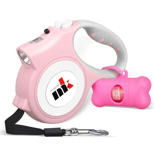 Makife Guinzaglio per Cani Retrattile e Allungabile 5m Adatto a Cani con Peso Fino a 25 kg Luce a LED Rosa chiaro