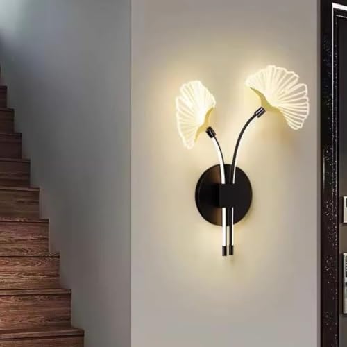 Image of Modern LED Wall Sconce Light, Dual Ginkgo Leaf Design, Metal Base with Three Colour Illumination (Warm White, Natural White, Cool White), Indoor Decorative Lighting, Black